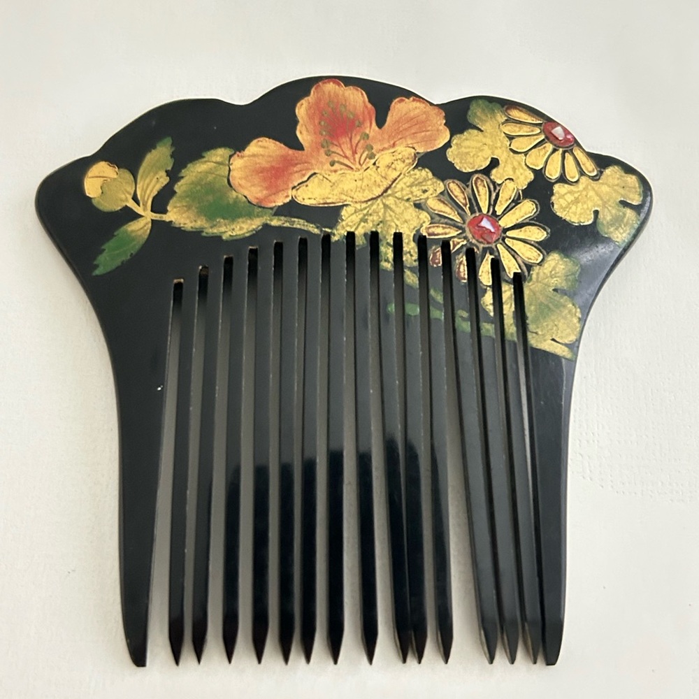 Vintage Kanzashi Japanese Hair Comb Decoration Black and Gold Floral 3.5 x 3 In